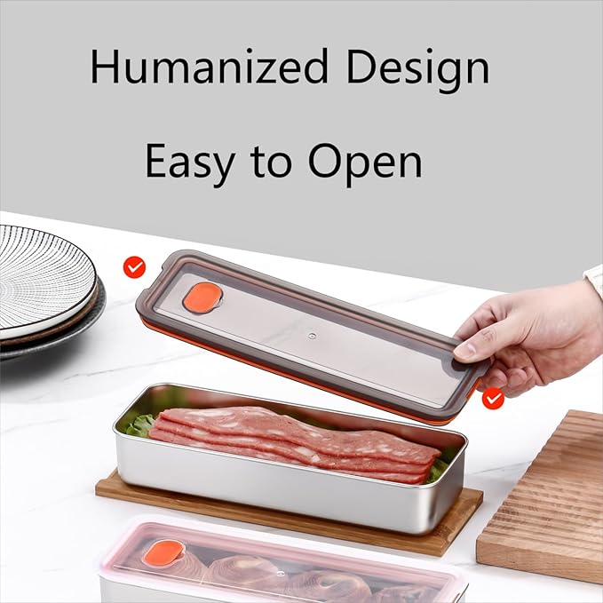 Bacon Container for Refrigerator, 304 Stainless Steel Sealed Food Storage Container with Silicone-Sealed and Air Vent ，Safe Deli Containers SealPro Bacon Box