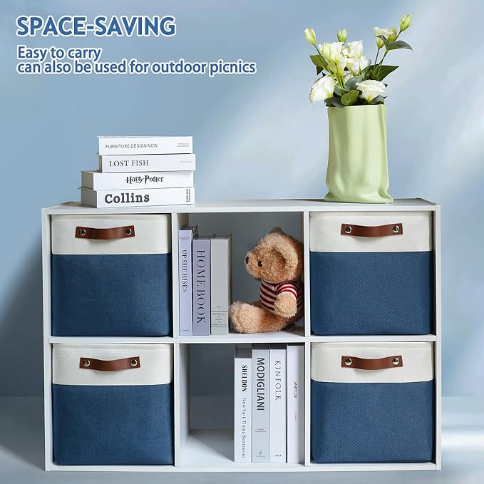 Patvingot 4-Pack Foldable Fabric Storage Cubes 11x11 Inch, Sturdy Cube Organizer Bins with Leather Handles, Storage Baskets for Closet Shelves and Home Organization(White/Blue)
