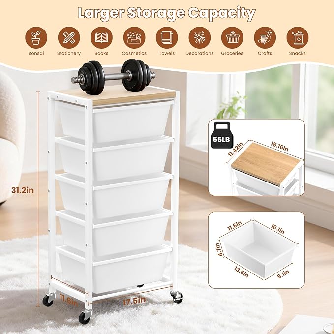 Rolling Cart with 5 Drawers, Plastic Drawer Storage Carts with Wheels & Wooden Tabletop, Metal Utility Cart for Office Bedroom Living Room Classroom, Craft Organization and Storage, White