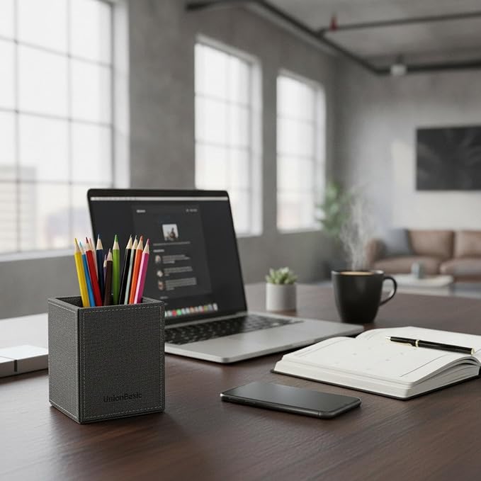UnionBasic Square Pen Holder, Faux Leather Pencil Cup, Desktop Caddy Stationery Organizer, Barry Grey | Faux Leather, Pencil Cup, Desktop Caddy, Stationery Organizer