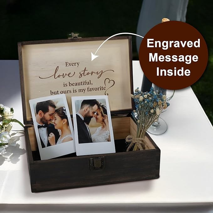 Engraved Wedding Memory Box- Wooden Keepsake Box for Bride & Groom, Letters, Photos, First Anniversary and Valentine’s Day Gift, Personalized Rustic Storage, Medium Size, Dark Walnut - 8.5 x 6 x 3 in