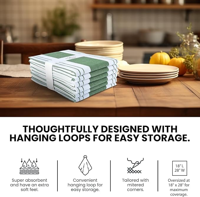 Stripe Kitchen Towels Decor Mordern Design Centreband Tea Dish Towels Boho Stripe Absorbent Festive Gift Set of 6 Pantry Reusable Kitchen Dish Towel|Easter Spring Decor 18x28 in Green