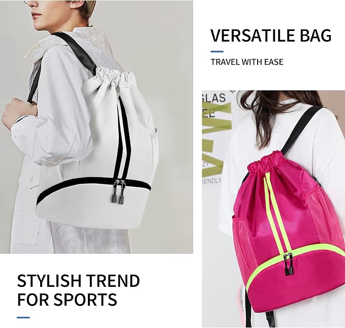 JELUTAR Drawstring Backpack Gym Bag with Shoes Compartment for Soccer, Basketball, Swim, Water-Resistant String Backpack Beach Cinch for Women Men, White