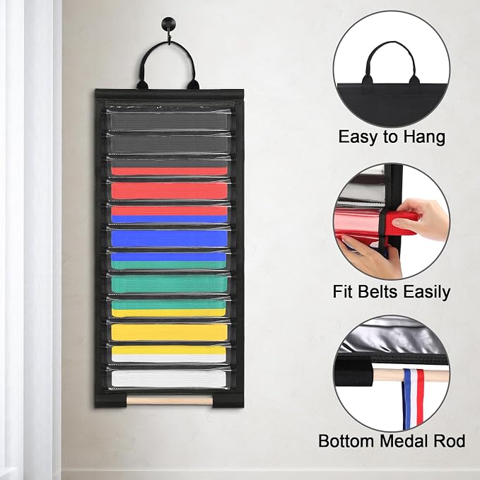 Wall Hanging Belts Display Rack for 12 Belts, Dust-Free Martial Arts Organizer with Bamboo Medal Hanging Bar, Lightweight Jiu Jitsu Belt Hanging Holder for BJJ, Martial Arts Learners