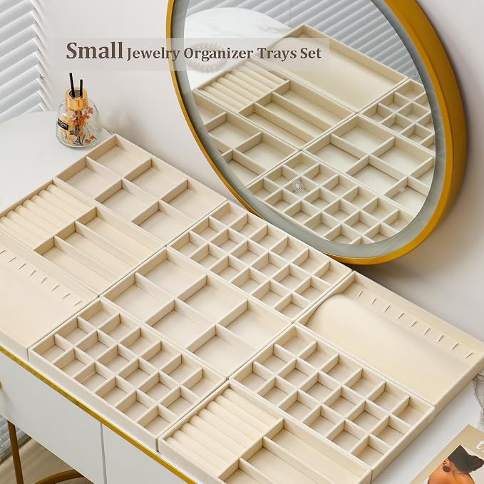 SPAKOWN Jewelry Trays Organizer for Drawer, 9 Set of Small Jewelry Display Case Storage Velvet Stackable Drawer Inserts Organizer for Necklaces Bracelets Earrings Rings (Beige)
