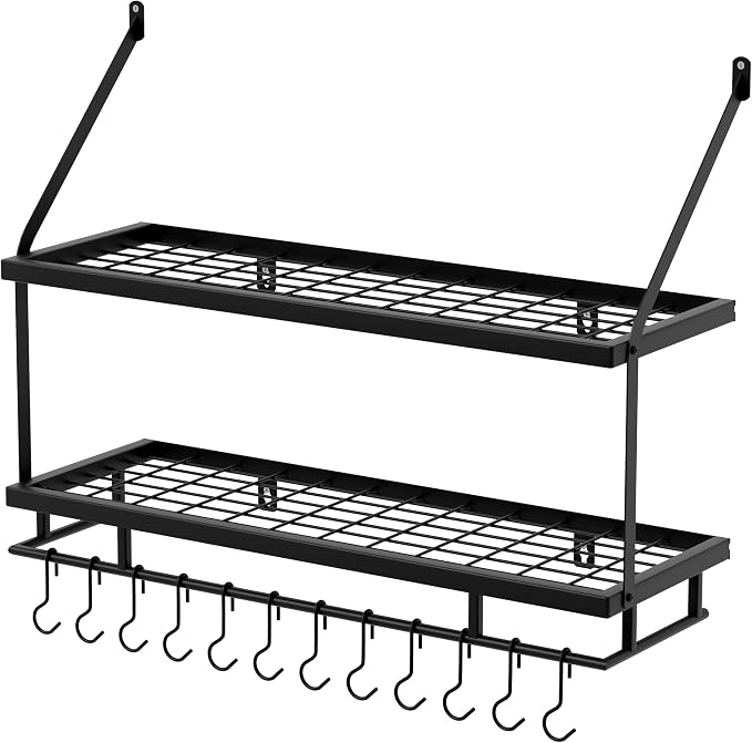 KES 30-Inch Kitchen Pot Rack - Mounted Hanging Rack for Kitchen Storage and Organization - Matte Black 2-Tier Wall Shelf with Guard Rail for Pots and Pans Organizer with 12 Hooks - KUR215S75B-BK