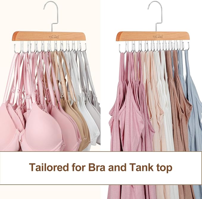 TOPIA HANGER Bra Hanger for Closet, Tank Top Hangers Space Saving Natural | 20 Foldable Hooks, 360°Rotating Hooks, Easy to Install, Durable Solid Wood, Space Saving Storage for Bras, Tank Tops, Belts