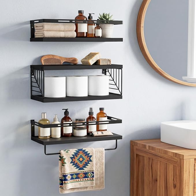 Fixwal Wall Mounted Bathroom Shelves Over Toilet, Rustic Wood Floating Shelves with Metal Frame and Towel Bar for Bathroom, Kitchen, Bedroom, Living Room (3 Plus 1 Black)