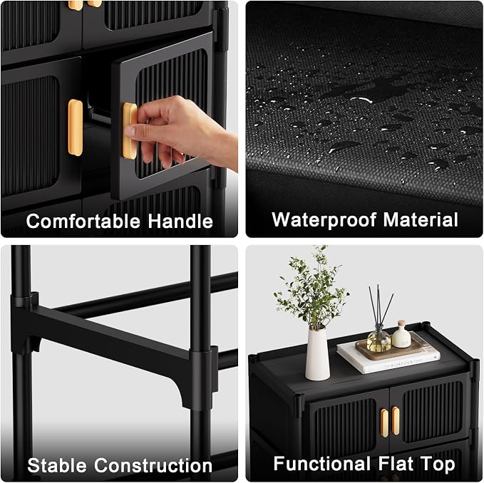 Shoe Rack, 5 Tier Shoe Storage Cabinet with 4 Doors, 15 Pair Plastic Shoe Cabinet with Waterproof, Outdoor Shoe Shelves Organizer for Entryway, Bedroom, Hallway,Living Room, Black