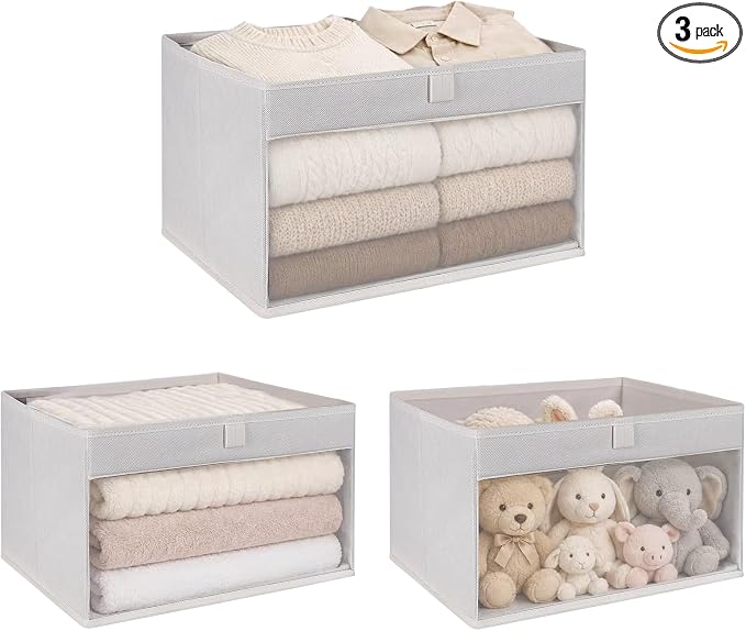 WUIKE Closet Storage Bins, Fabric Organizer Baskets with Clear Window and Handles, Foldable Storage for Shelves, Beige, Large, 3-Pack
