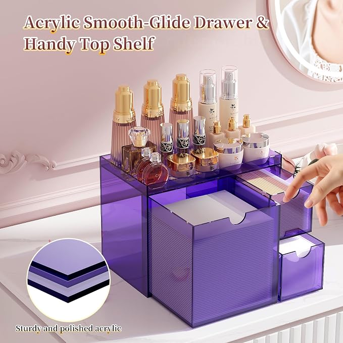 Youdepot Purple Acrylic Face Towel Holder with 3 Drawers | Disposable Face Towel Organizer for XL Facial Towels, Cotton Pads, Swabs, Skincare Tools, Bathroom Vanity Countertop