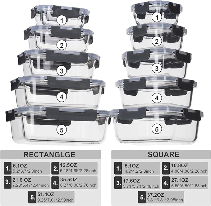 coccot Glass Food Storage Containers with Lids Airtight, Glass Meal Prep Containers for Lunch Food, Container Set, Easy to Open& Close/Microwave,Oven,Freezer,Dishwasher Safe/Leak-Proof（20 Pieces）