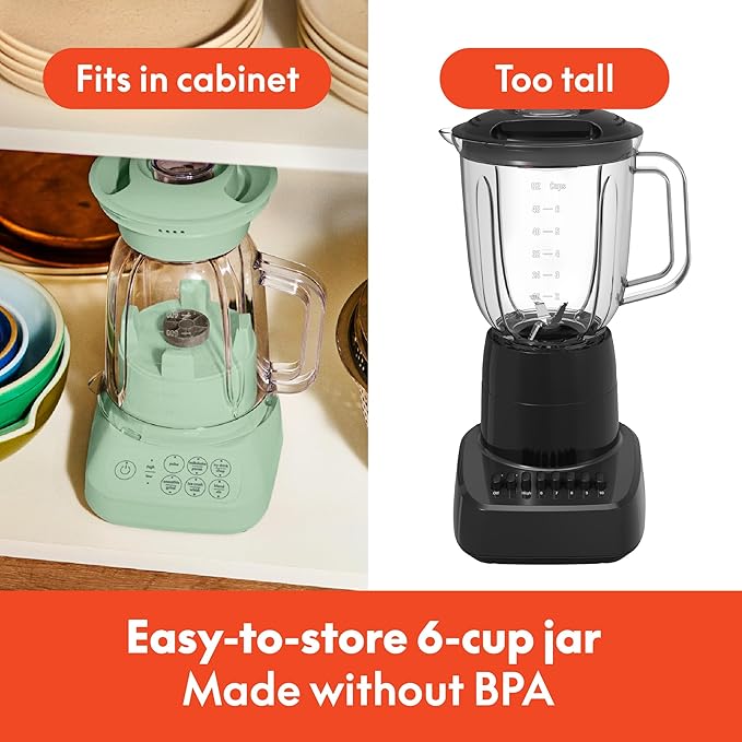 bella 10 Speed Countertop Blender, Juicer & Smoothie Maker, Fits-anywhere™ Kitchenware, Slim Flip & Store Design, Dishwasher Safe 48oz Capacity Pitcher & Lid, Stainless Steel Blade, 450 Watt, Seaglass