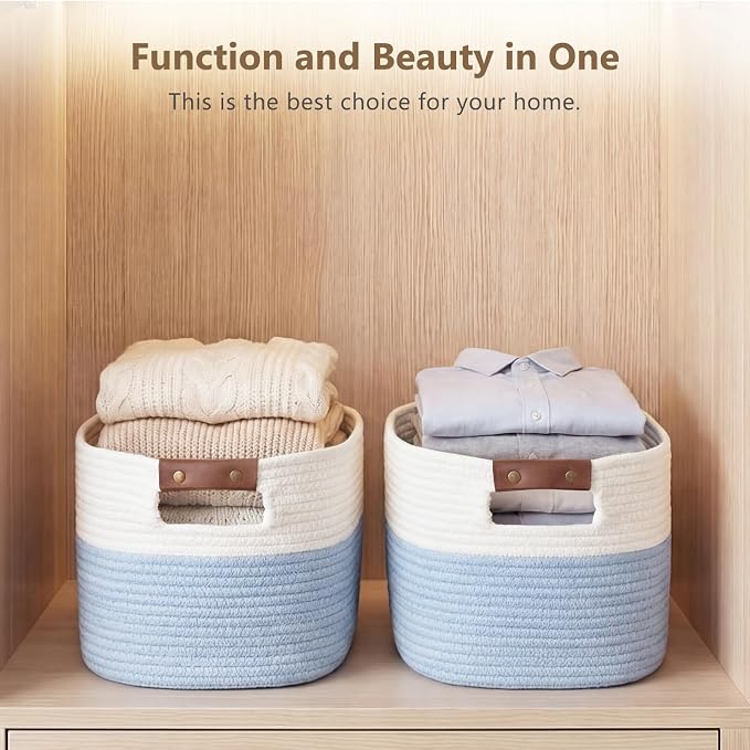 ECDYQXVU 15x10x9 Woven Cotton Rope Storage Basket, Leather Handles 2 Pack | Foldable Design, Sturdy PU Handles, Easy to Clean Organizer for Living Room, Closet, Shelves, Bedroom, Laundry, Clothes