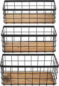 TIEYIPIN Farmhouse Decor Metal Wire Storage Baskets, Wood Base Containers Organizing Basket Caddy Bin for Kitchen Cabinets, Bathroom, Pantry, Garage, Laundry Room, Closets - Small - Black (Set of 3)