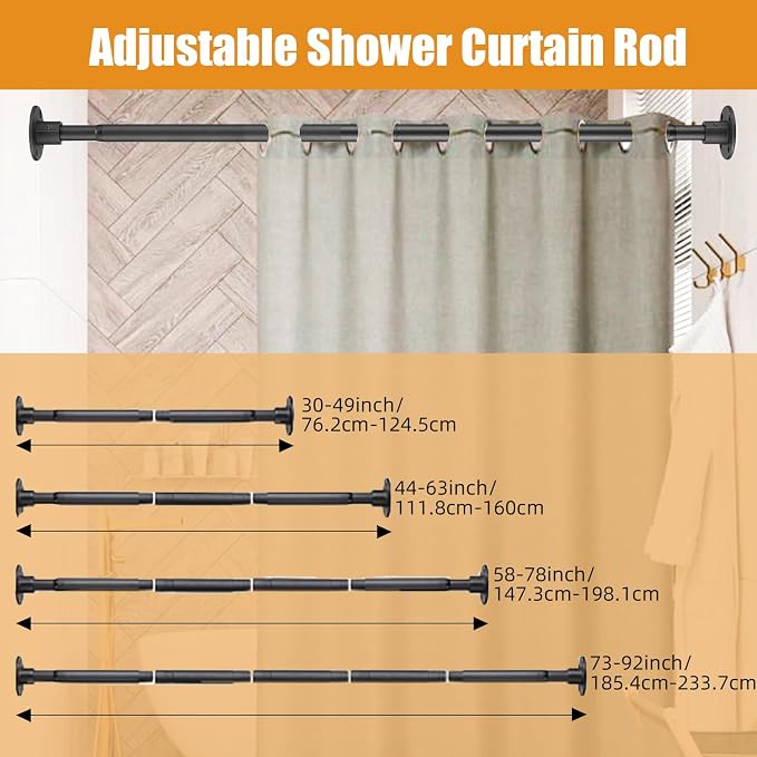 Shower Curtain Rod 30-92 Inch Closet Rod, 1 Inch Diameter Adjustable Heavy Duty Shower Rods Anti-Rust Wall-Mounted Fixed Shower Curtain Rod, Matte Black