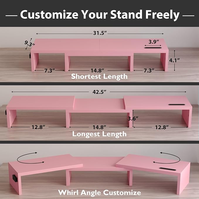 BONTEC Dual Monitor Stand Riser with Smartphone Holder, Adjustable Length & Swivel Angle, Ergonomic Wooden Desktop Organizer for PC Monitor, Laptop, Printer, Large Storage, 42.5 in, Pink