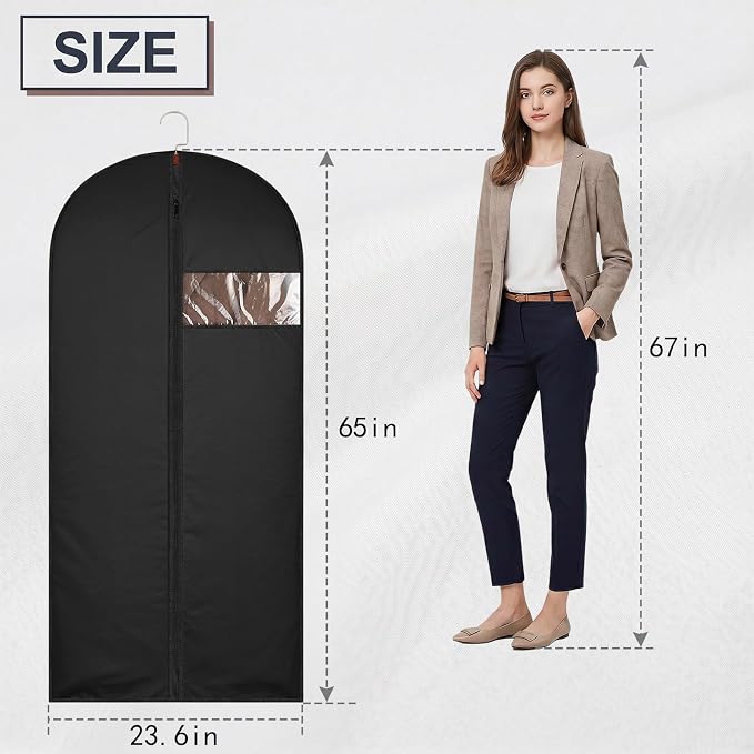65Inch Garment Bags Covers, Black Hanging Clothes Bag, Suit Cover Bags with Clear Window for Hanging Closet Clothes Storage and Travel (1, Black, 65 inch)