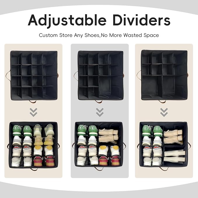 Shoe Organizer for Closet, 2 Pack Shoe Storage Bins with Clear Cover, Adjustable Dividers Fits 16-32 Pairs ShoeBoxes, Organizador de Zapatos, Navy Blue
