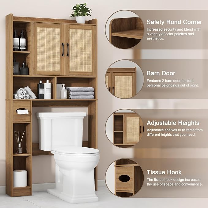Vabches Over The Toilet Storage Cabinet with 2 Barn Doors, Oak | Farmhouse Storage Cabinet with Toilet Paper Holder Stand，Home Space-Saving Toilet Rack, for Bathroom, Restroom, Laundry