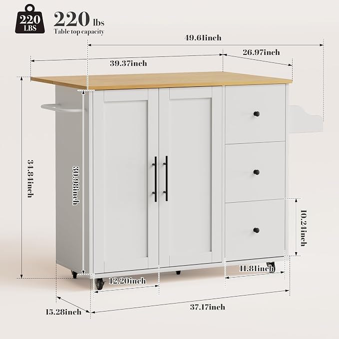GRUSIGN 49.6" Kitchen Island on Wheels with Storage-Multifunctional Kitchen Island Cart with Drop Leaf, Rolling Island with Spice/Towel Rack,Expandable Island Table Kitchen,White