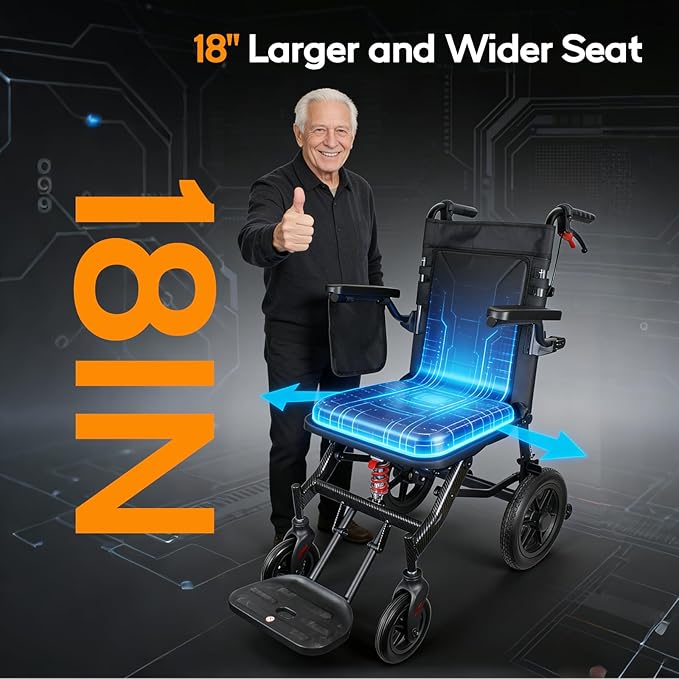 18" Widened Seat Wheelchairs for Adults,Transport Wheelchair Lightweight Foldable, Adjustable Backrest,1s Quick Folding, Two-Stage Braking, Portable Wheelchair for Travel, Hospital & Home Use(Black)