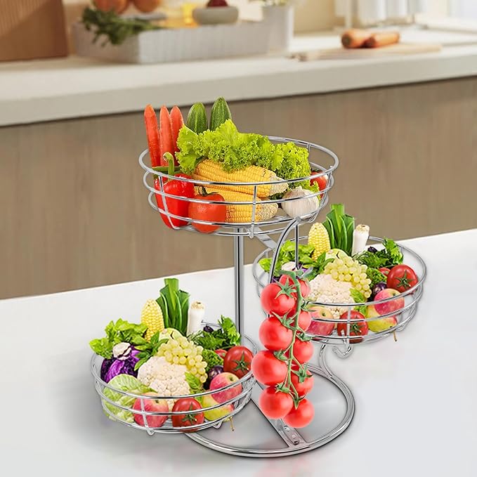 Livabber Fruit Basket Bowl with Banana Hanger, Fruit Vegetable Storage Basket with Banana Tree Holder for Kitchen Counter, Detachable Organizer for Bread Snack Produce (Chrome, 3-Tier Metal Base)