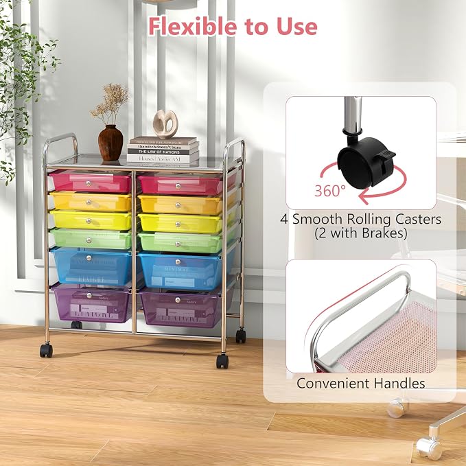 DREAMADE Rolling Cart with Storage Drawers, Utility Cart with Removable Plastic Drawers, Lockable Wheels, Art Cart for Classroom Organization Art Supplies Office Scrapbook (‎12 Drawers, Rainbow)