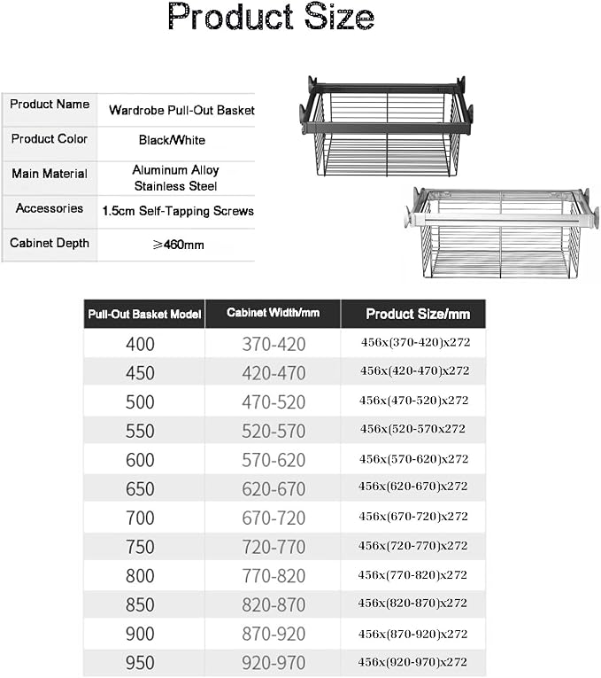 Adjustable Width Pull-Out Clothing Storage Basket,Pull Out Drawer Organizer Containers Storage Bin,for Home Office Bedroom Laundry Room(Color2,456x(920-970) x272mm)