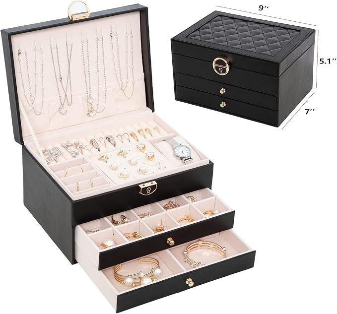 GUOER Jewelry Box for Women Girl Wife 3 Layers Large PU Leather Jewelry Organizer Storage Case with Two drawers Display for Earrings Bracelets Rings Watches (Black) | Vintage Quilting Stitching PU Leather, Earrings Bracelets Rings Necklace Watches Stor...