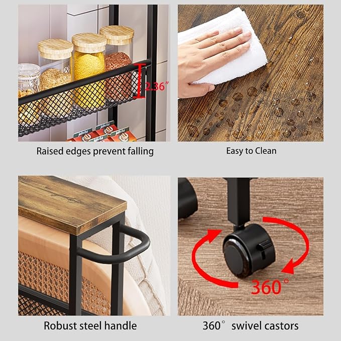 AZERPIAN Slim Rolling Cart 5 Tier Narrow Storage Cart on Wheels with Metal Handle for Kitchen Dining Living Home Laundry Room