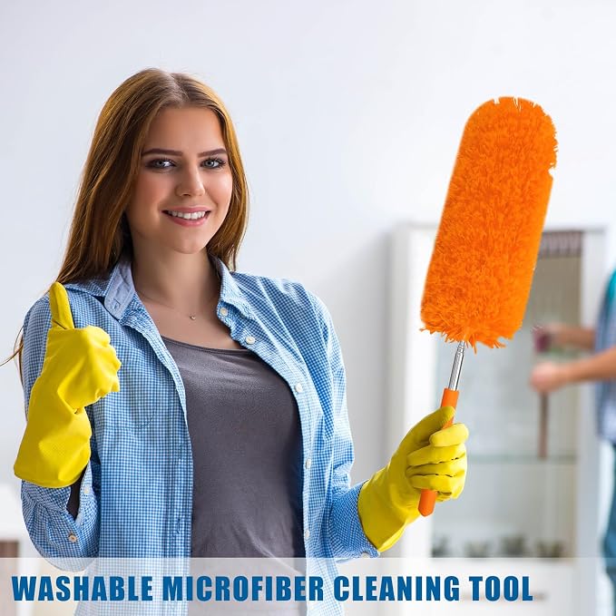 Tanlade 12 Pcs Microfiber Feather Duster for Cleaning, Extendable 13-31 Inch Ceiling Fan Duster with Bendable Head, Washable Tools for Ceiling Fans, Furniture, Car, Cobwebs (Orange)
