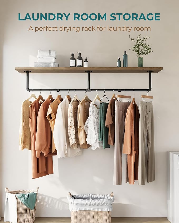 OROPY 65.7" Heavy Duty Industrial Pipe Clothes Rack for Hanging Clothes 2PK | Wall Mounted Clothes Bar, Space Saving Iron Garment Rack, Multi-Purpose Hanging Rod for Bedroom, Closet, Black, 3 Base