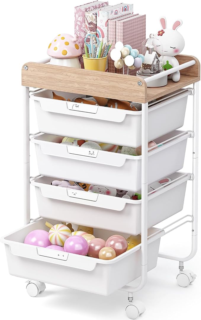 SYKIARIOL Rolling Storage Utility Cart with 4 Drawers,Kids Craft Art Cart,Makeup Organizer and Storage with Wooden Tabletop,White