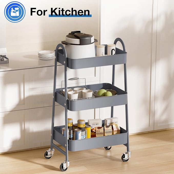 DUMOS 3 Tiers Rolling Cart, Utility Cart, Metal, Gray | Mobile Storage, Lockable Wheels, Utility Shelving Unit, Kitchen, Bathroom, Laundry, Narrow Places