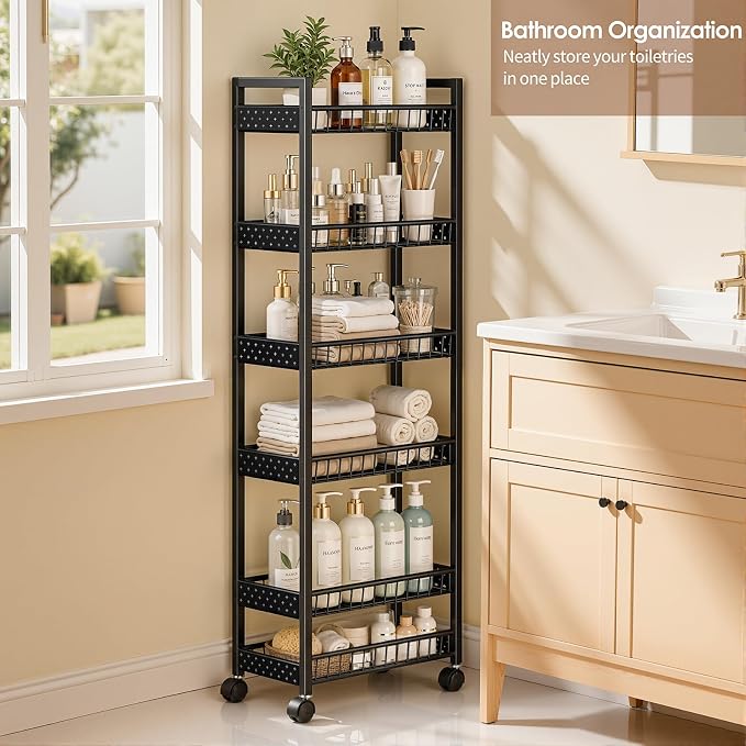 6 Tier Slim Storage Cart, Narrow Rolling Cart with Wheels, 6in(W) | Narrow Mobile Utility Shelf Unit Organizer for Kitchen, Bathroom, Laundry Room, Living Room, Small Places, Black
