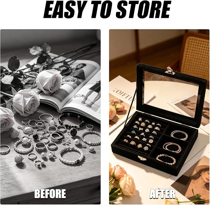 Small Velvet Jewelry Tray with Clear Lid, Lockable Ring Earring Holder Organizer Storage Box Case Jewelry Box Organizer for Rings Earrings Bracelets Brooches, 2-in-1 Black