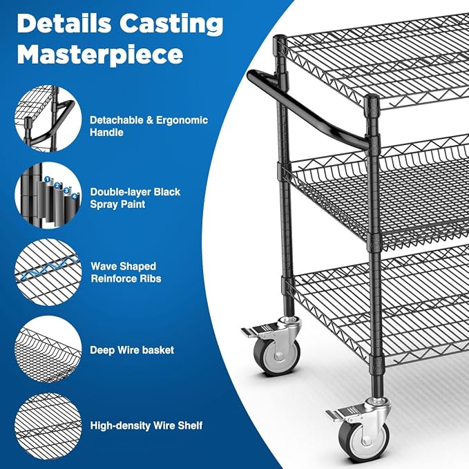 Leteuke Heavy Duty Rolling Utility Cart, 45 Inch Kitchen Carts with Wheels, NSF Commercial Grade with Handle & Shelf Liners, 1120LBS Storage Cart for Kitchen,Restaurant,Plant Display-Black | 3 Tier Heavy Duty Serving Cart with Handle & Shelf Liners, NS...