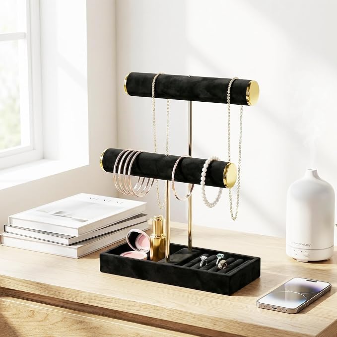2 Tier Jewelry Organizer Stand,Velvet Tabletop Necklace and Bracelet Hanging Organizer Holder for Girls and Women,Large Small Jewelry Storage Display Tree Rack for Vendors,Ring and Watch Hanger(Black)