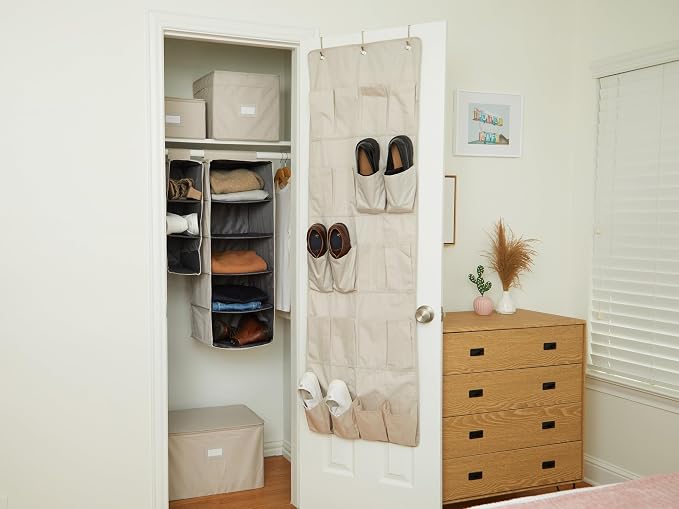 Covermates Keepsakes Hanging Shoe Organizer for Closet – Vertical Storage Shelves for Sneakers, Sandals, and Sweaters – Heavy-Duty Wardrobe Organization, Beige Heather