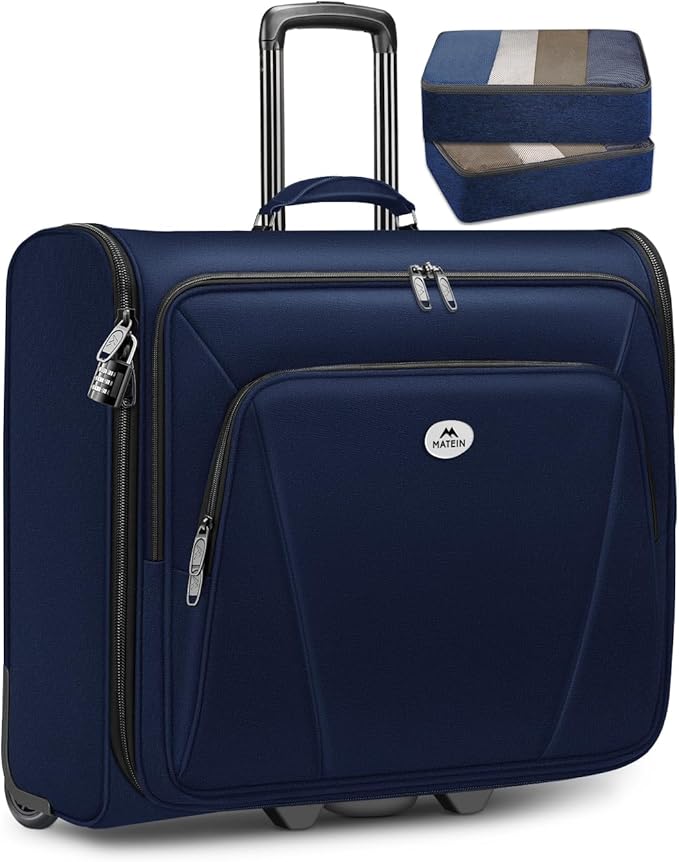 MATEIN Rolling Garment Bags for Travel, Large 2-Wheeled Suit Carrier, Blue | Foldable Travel Suit Bag with Wheels, 2 Packing Cubes, Check-in Suitcase Luggage, For Business Trips, Fits 17.3 Inch Laptop