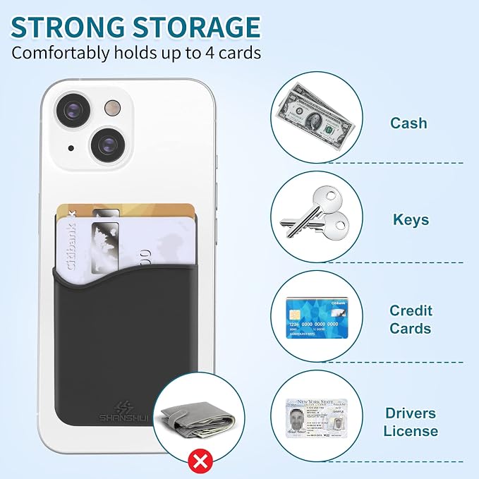 SHANSHUI 4-in-1 Phone Card Holder: Premium Silicone Wallet for ID, Drivers License, Credit Cards - Fits All Mobile Phones