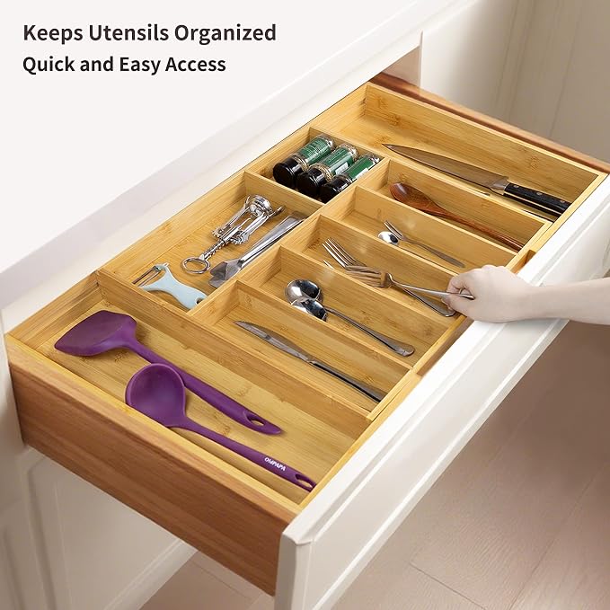 Utoplike Extra Large Kitchen Drawer Organizer, Solid Bamboo Silverware Tray | Expandable Drawers Organizer Holder for Utensils, Cutlery, Silverware, Flatware and Spatulas, with Non-slip Pads, 7-9 Slots