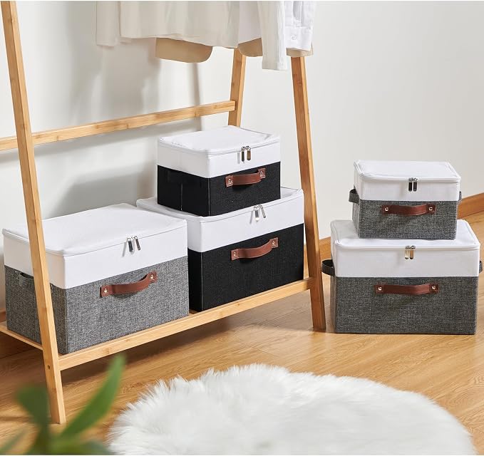 Storage Boxes with Zipper Lid Cotton Linen Fabric Lidded Storage Bins Baskets Foldable Washable Closet Shelf Clothes Organizer Container Faux Leather Handles (Gray White, Small)