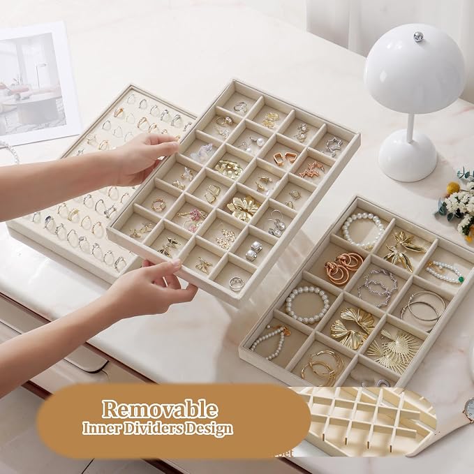 Large Stackable Jewelry Tray 4 Pack Velvet Jewelry Display Drawer Inserts Trays Organizer for Earring Bracelet Necklace Ring (Beige, 24 Grids)
