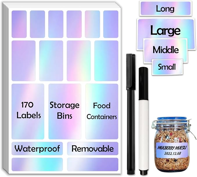 JIEHENG 170Pcs Laser Removable Labels for Jars,for Storage Bins,for Food Containers with 2 Liquid Chalk Marker(Laser)