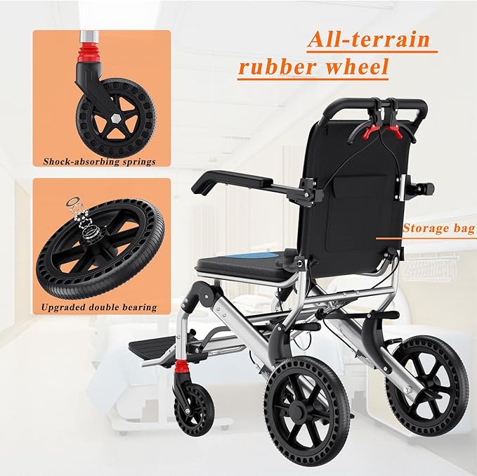 Lightweight Wheelchairs Transport Chair Lightweight Foldable with Telescopic Handle, Portable Folding Travel Transfer Wheel Chairs with Hand Brake for Seniors & Adults