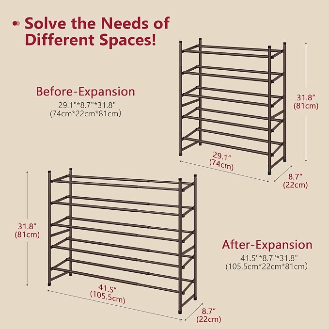 Tajsoon Expandable Shoe Rack for Closet 5 Tier, 28“-41“Stackable, Bronze | Adjustable Shoe Organizer Closet Shoe Rack Floor, Metal Shoe Shelf Storage for Entryway, Closet, Garage, Front Door Entrance