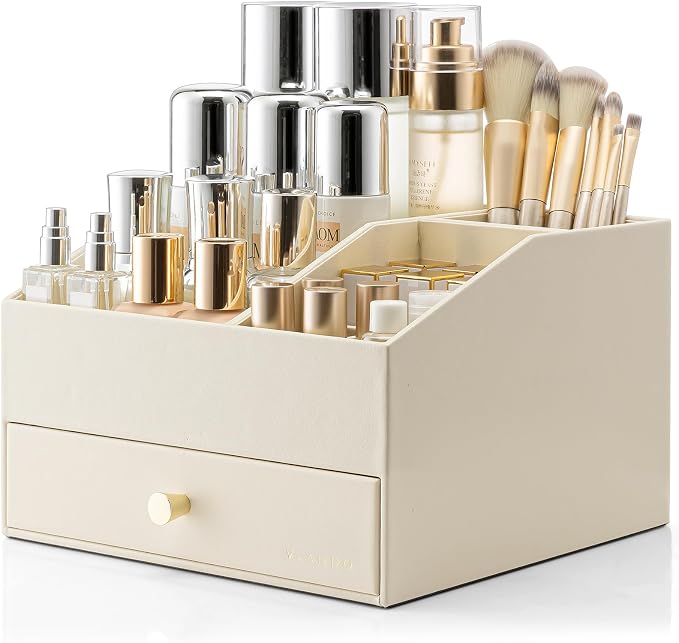 VLANDO Makeup Organizer,Vanity Organizer with Drawers, PU Leather Skincare Organizer Perfume Organizer,Large Cosmetic Display Case for Lipstick,Brushes Gifts for Women-Beige