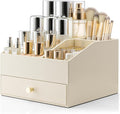 VLANDO Makeup Organizer,Vanity Organizer with Drawers, PU Leather Skincare Organizer Perfume Organizer,Large Cosmetic Display Case for Lipstick,Brushes Gifts for Women-Beige